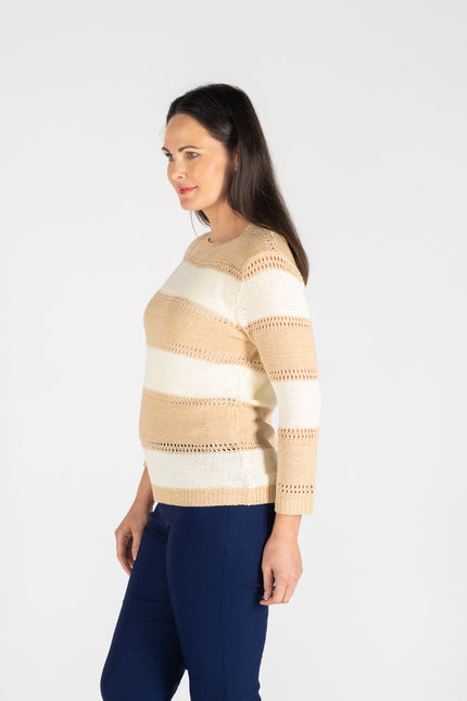 WIDE STRIPE ROUND NECK JUMPER 3/4 SLEEVE