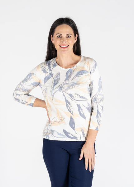 LEAF PRINT JUMPER ROUND NECK 3/4 SLEEVE