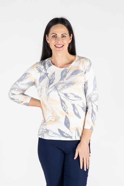 LEAF PRINT JUMPER ROUND NECK 3/4 SLEEVE