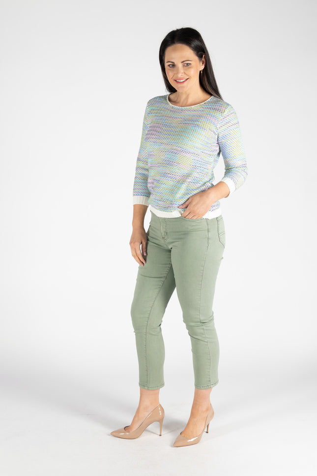 Green Multi Knit Jumper Contrast Cuff 3/4 sleeve