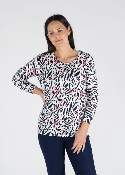PINK NAVY ANIMAL PRINT JUMPER ROUND NECK 3/4 SLEEVE