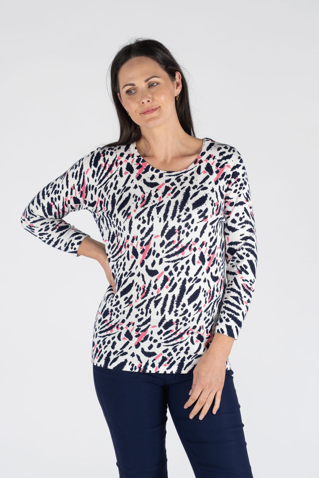 PINK NAVY ANIMAL PRINT JUMPER ROUND NECK 3/4 SLEEVE