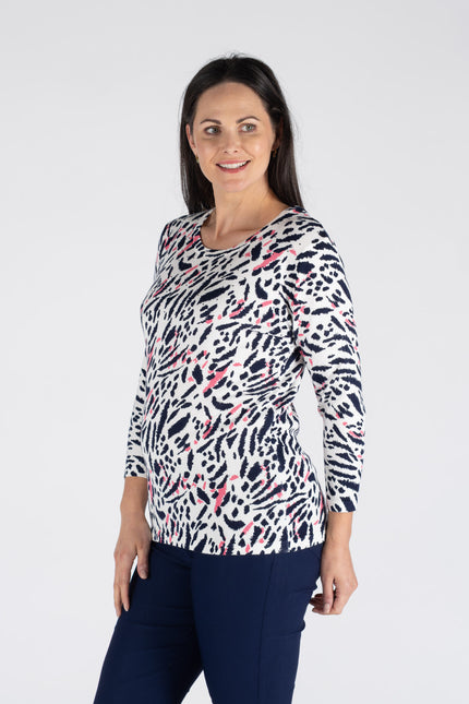 PINK NAVY ANIMAL PRINT JUMPER ROUND NECK 3/4 SLEEVE