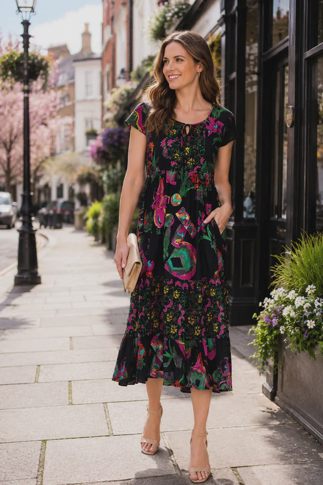 Dress floral border print round neck with