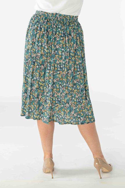 GREEN MULTI DITSY FLORAL CRINKLE SKIRT WITH ELASTICATED