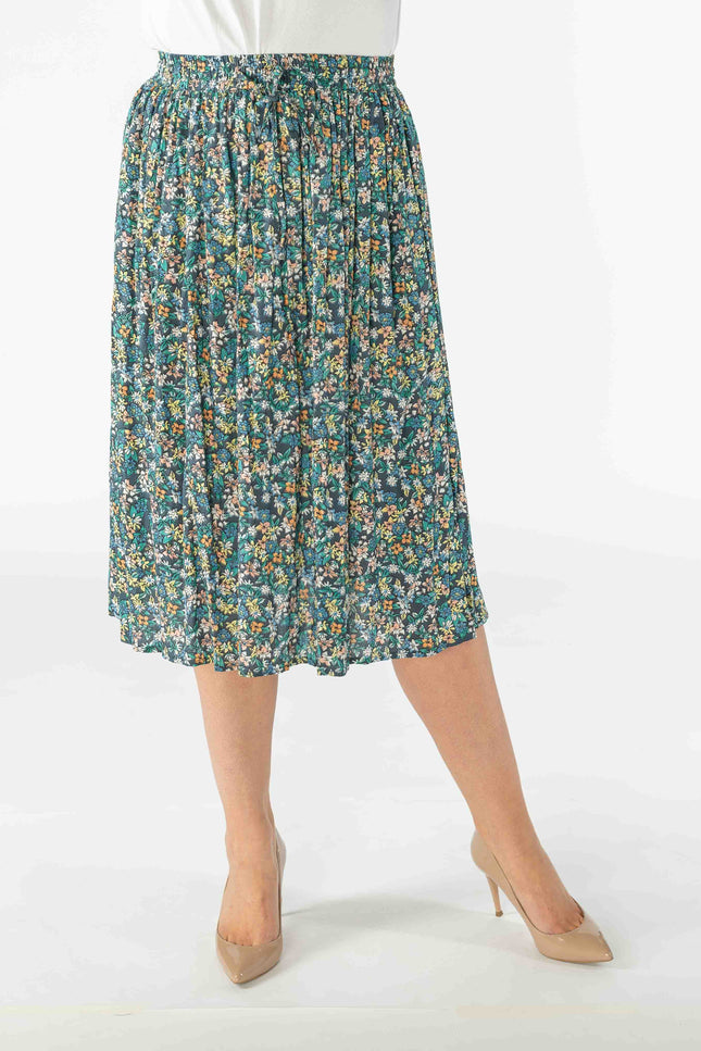 GREEN MULTI DITSY FLORAL CRINKLE SKIRT WITH ELASTICATED