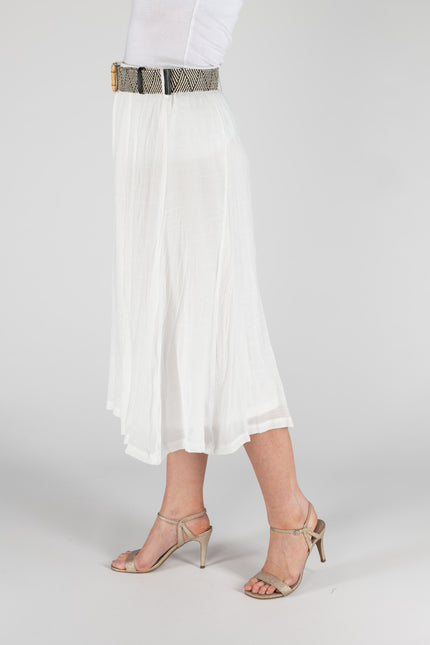 WHITE CRINKLE FABRIC PANELLED SKIRT WITH LININ