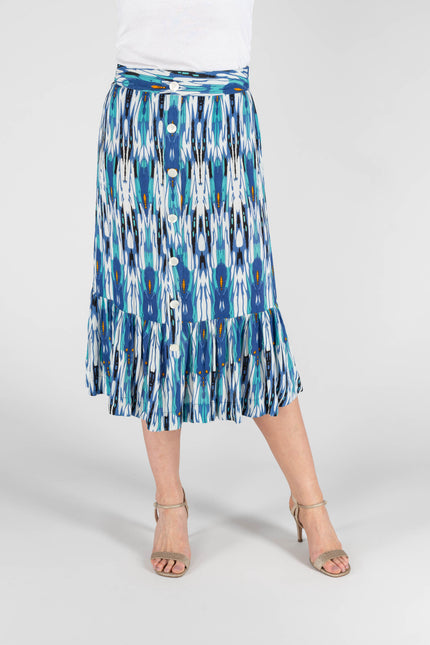 TURQ PRINT FRONT BUTTON CRINKLE SKIRT BOTTOM FRILL