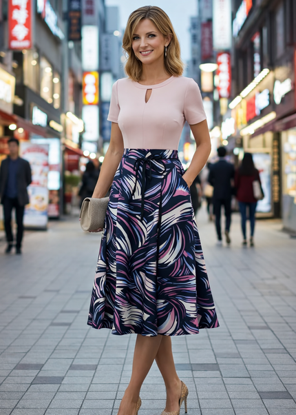 NAVY CERISE CONTRAST PRINT SKIRT ELASTICATED WAIST
