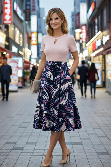 NAVY CERISE CONTRAST PRINT SKIRT ELASTICATED WAIST