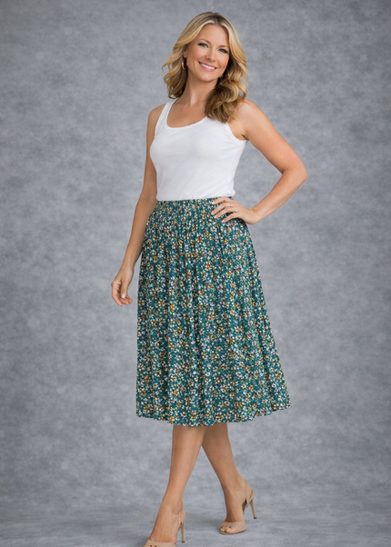 GREEN MULTI DITSY FLORAL CRINKLE SKIRT WITH ELASTICATED