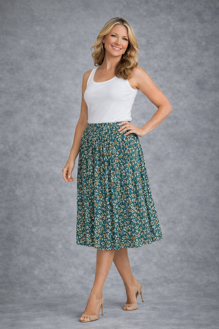 GREEN MULTI DITSY FLORAL CRINKLE SKIRT WITH ELASTICATED