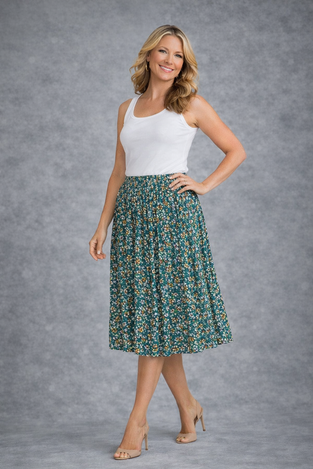 GREEN MULTI DITSY FLORAL CRINKLE SKIRT WITH ELASTICATED