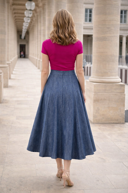NAVY FLECK FABRIC PANELLED SKIRT ELASTICATED