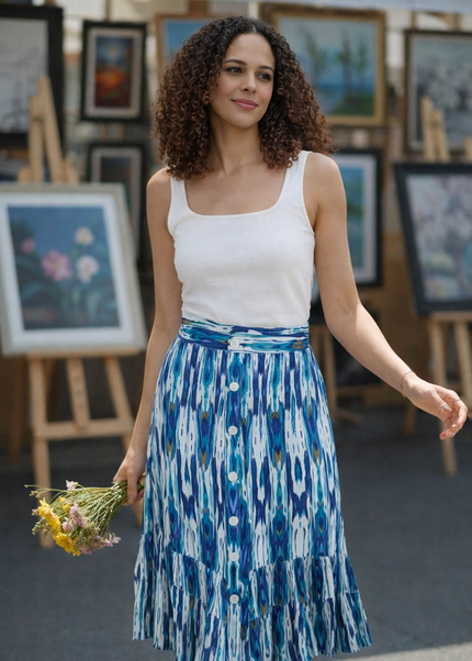 TURQ PRINT FRONT BUTTON CRINKLE SKIRT BOTTOM FRILL