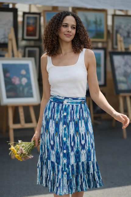 TURQ PRINT FRONT BUTTON CRINKLE SKIRT BOTTOM FRILL