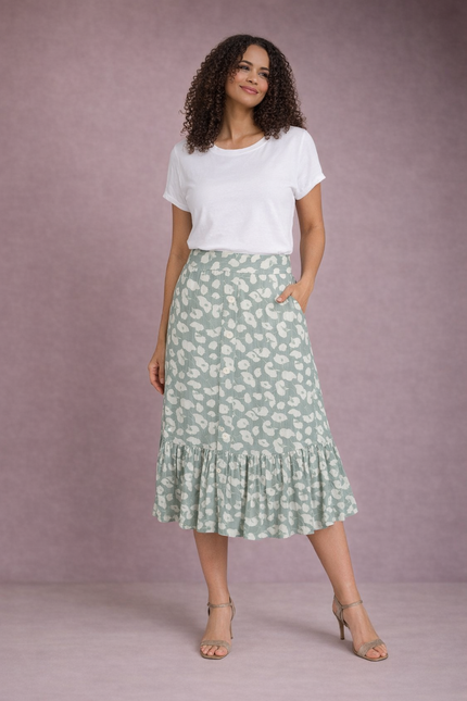 MINT PRINT FRONT BUTTON CRINKLE SKIRT  BOTTOM FRILL