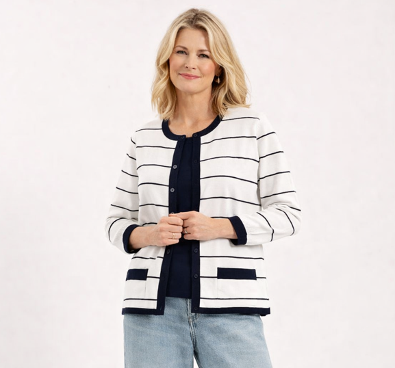 STRIPE MOCK CARDIGAN WITH VEST 3/4 SLEEV - WHITE NAVY