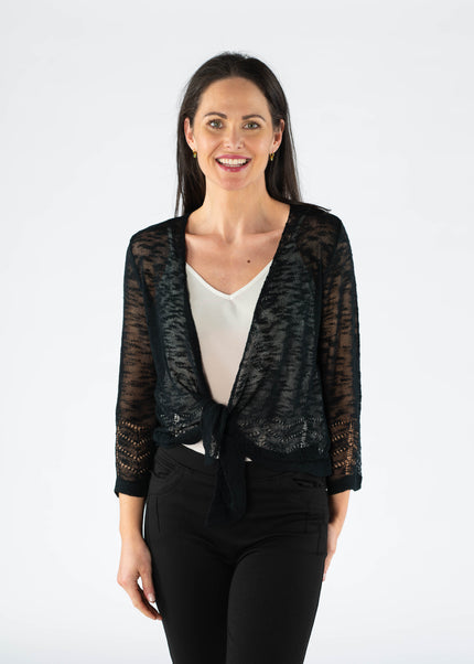 BLACK BORDER PATTERN SHRUG WITH 3/4 SLEEVE