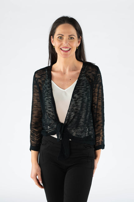 BLACK BORDER PATTERN SHRUG WITH 3/4 SLEEVE