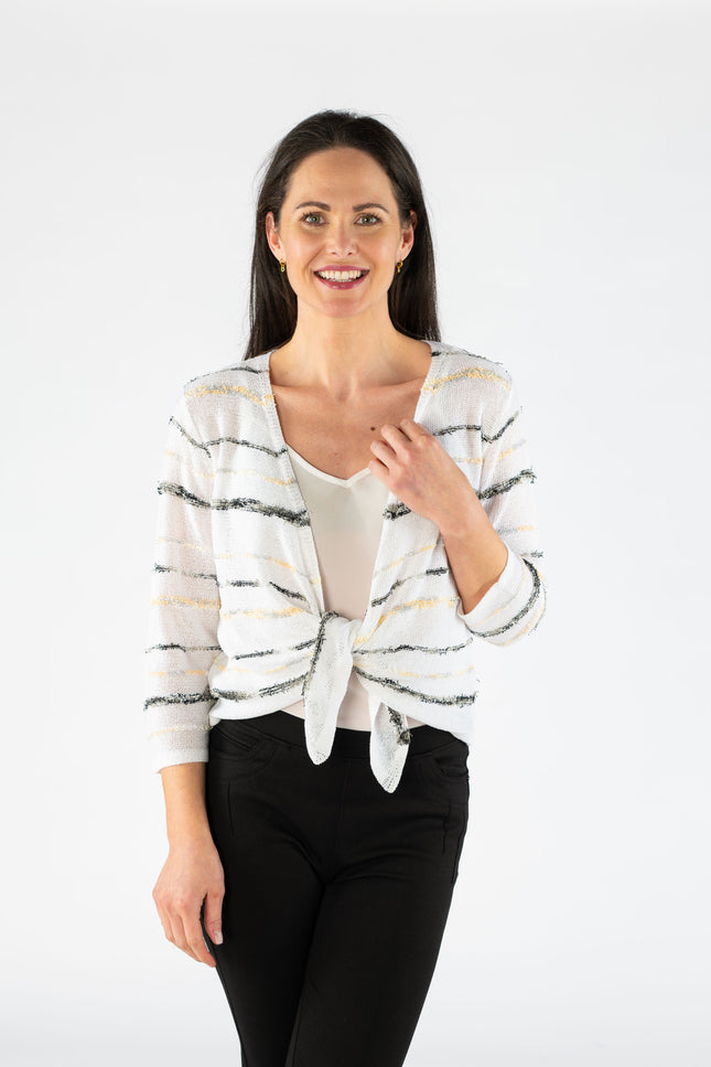 WHITE MULTI STRIPE PATTERN SHRUG WITH 3/4 SLEEVE