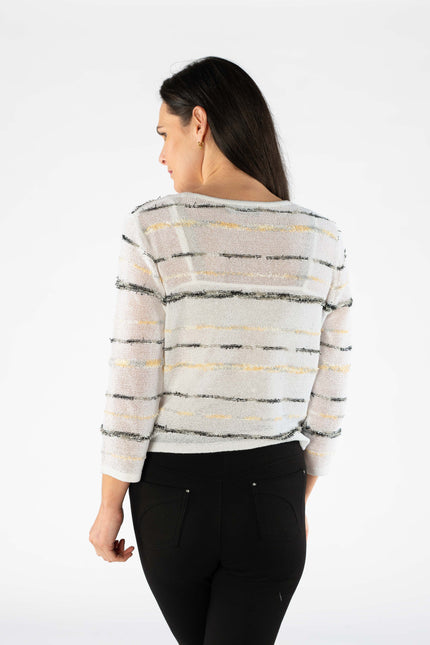 WHITE MULTI STRIPE PATTERN SHRUG WITH 3/4 SLEEVE