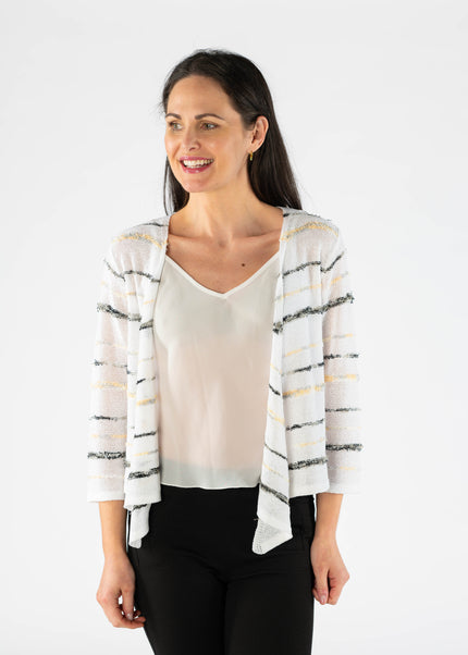 WHITE MULTI STRIPE PATTERN SHRUG WITH 3/4 SLEEVE