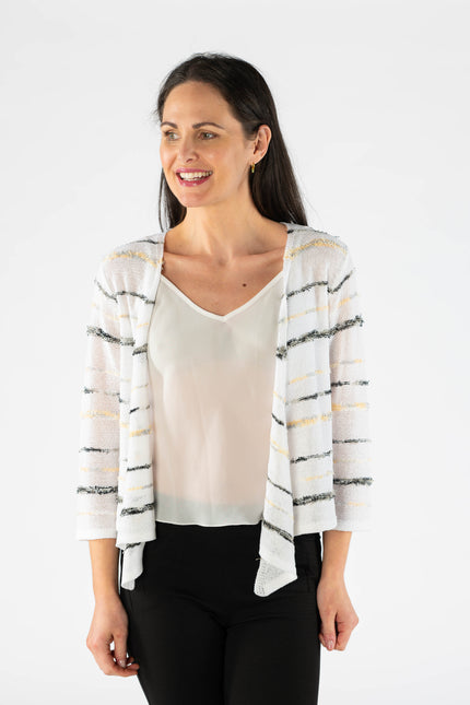WHITE MULTI STRIPE PATTERN SHRUG WITH 3/4 SLEEVE