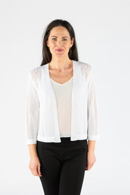 White edge to edge patterned shrug with 3/4 sleeve