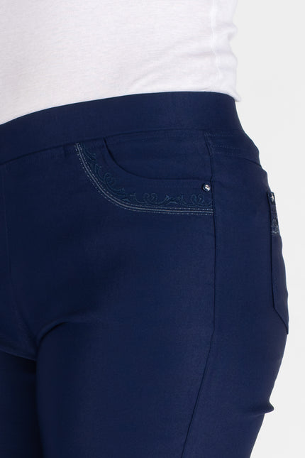 NAVY CROP 22 INCH TROUSER EMBR POCKET HEM DETAIL