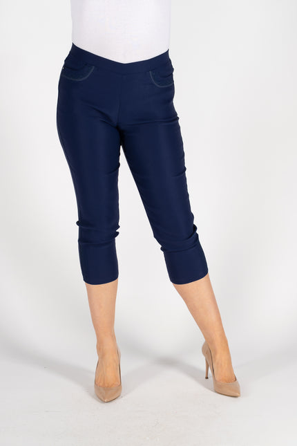 NAVY CROP 22 INCH TROUSER EMBR POCKET HEM DETAIL