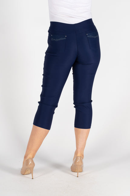NAVY CROP 22 INCH TROUSER EMBR POCKET HEM DETAIL