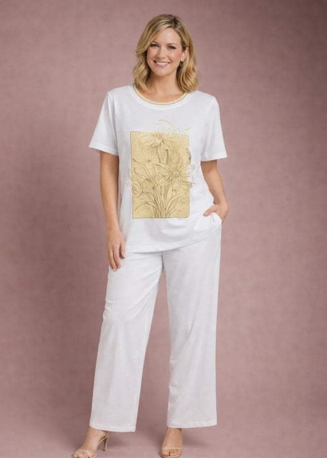 BOLD FLOWER PRINT TOP LUREX TRIM ROUND NECK