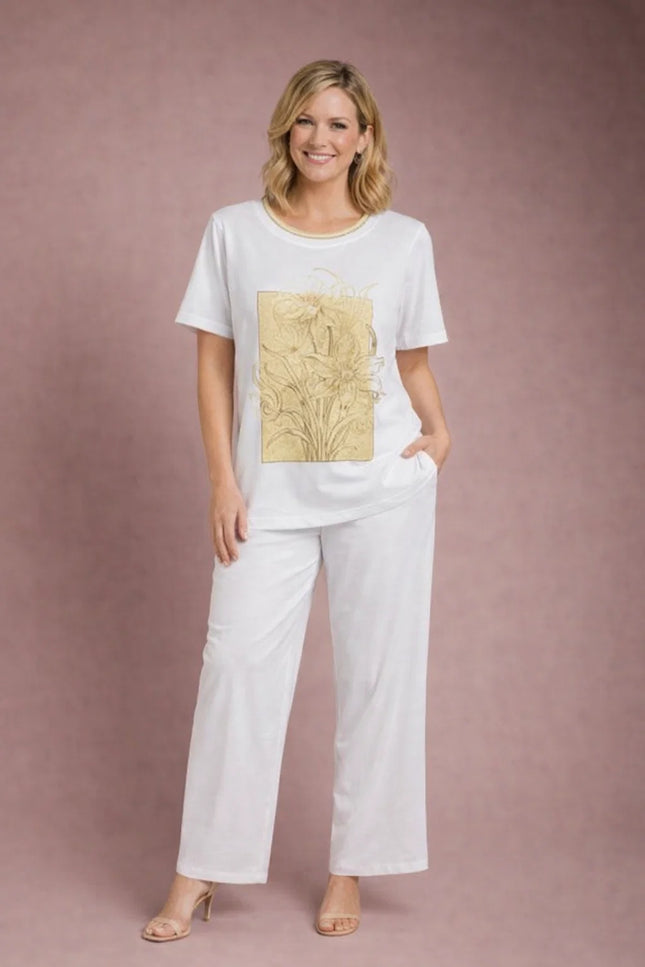 BOLD FLOWER PRINT TOP LUREX TRIM ROUND NECK