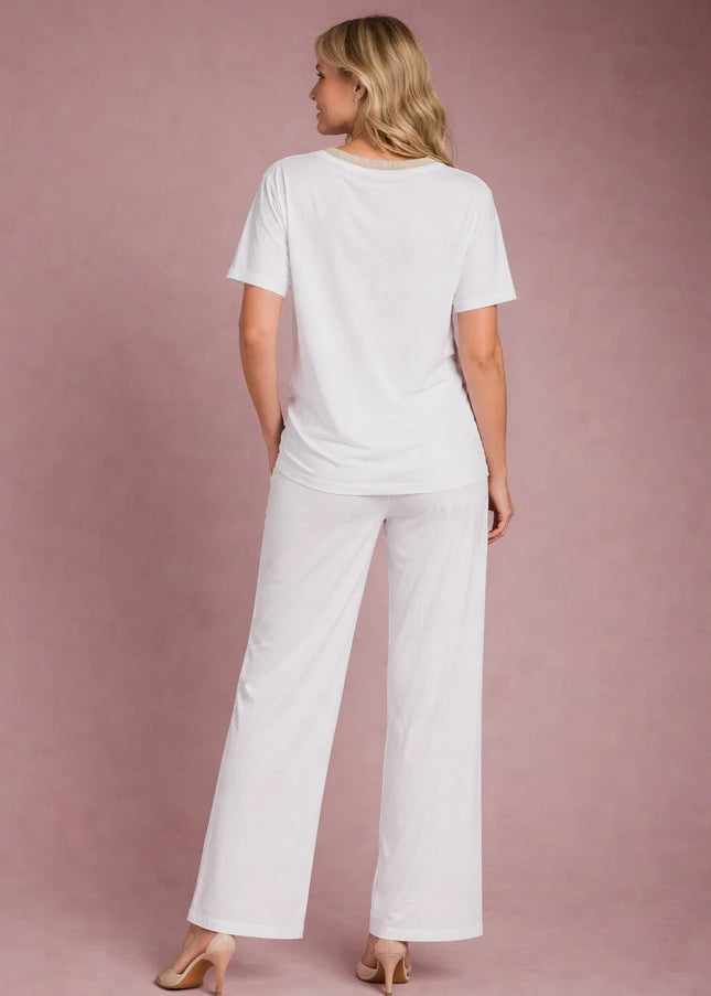 BOLD FLOWER PRINT TOP LUREX TRIM ROUND NECK