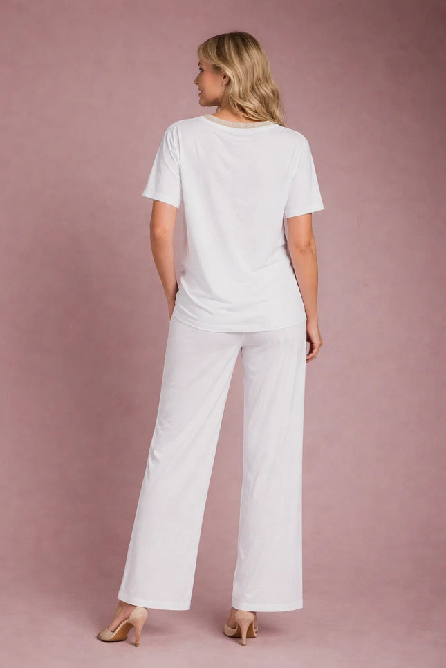 BOLD FLOWER PRINT TOP LUREX TRIM ROUND NECK