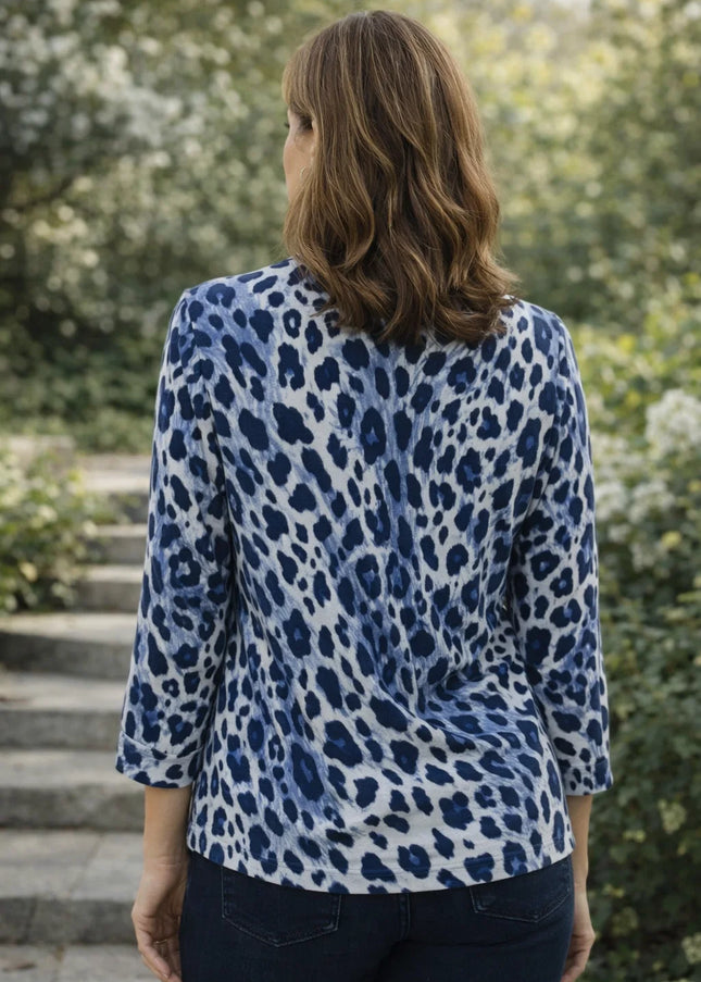 Top animal print with button placket 3/4 sleeve