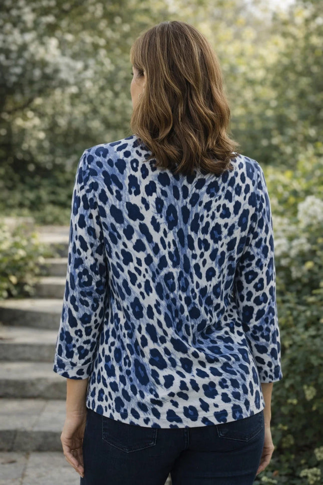 ANIMAL PRINT TOP WITH BUTTON PLACKET 3/4 SLEEVE