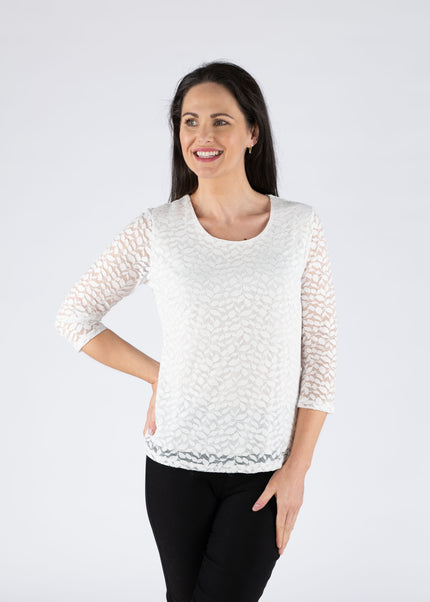 FLOWER PRINT WHITE LACE TOP ROUND NECK WITH 3/4 SLEEVE