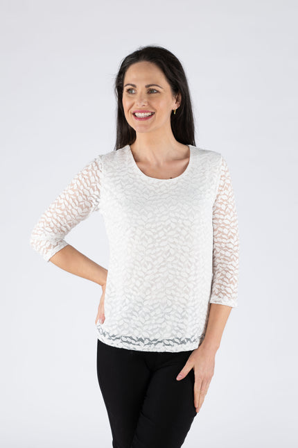 FLOWER PRINT WHITE LACE TOP ROUND NECK WITH 3/4 SLEEVE