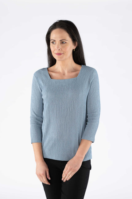 Blue Textured fabric top square neck with 3/4 sleeve