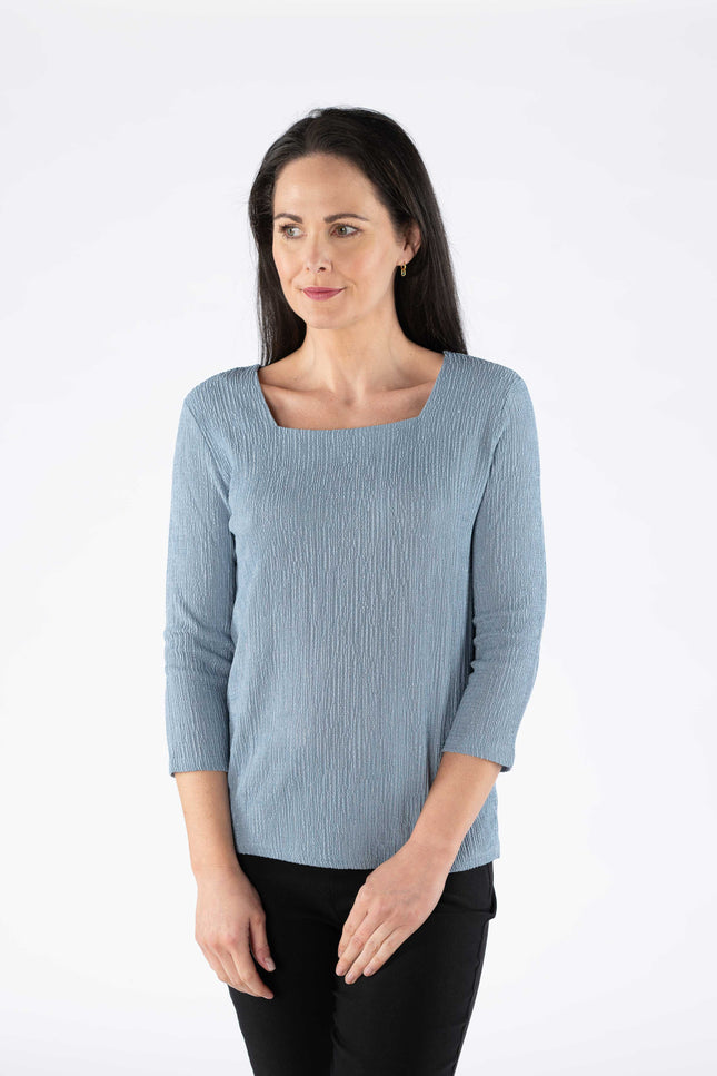 Blue Textured fabric top square neck with 3/4 sleeve