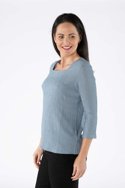 Blue Textured fabric top square neck with 3/4 sleeve