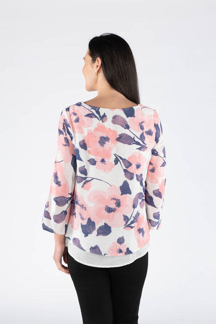 FLOWER PRINT LAYERED TOP ROUND NECK 3/4 SLEEVE