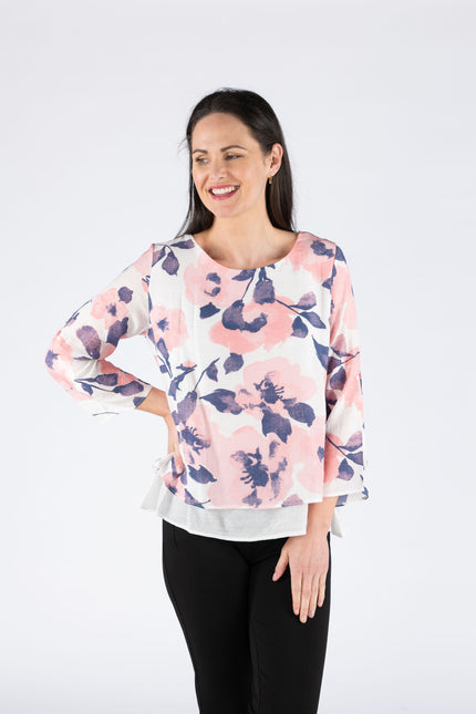 FLOWER PRINT LAYERED TOP ROUND NECK 3/4 SLEEVE