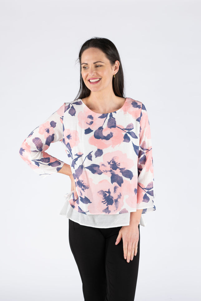 FLOWER PRINT LAYERED TOP ROUND NECK 3/4 SLEEVE