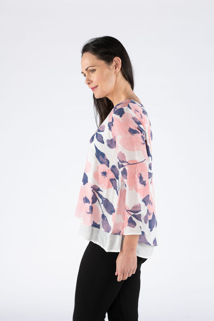 FLOWER PRINT LAYERED TOP ROUND NECK 3/4 SLEEVE