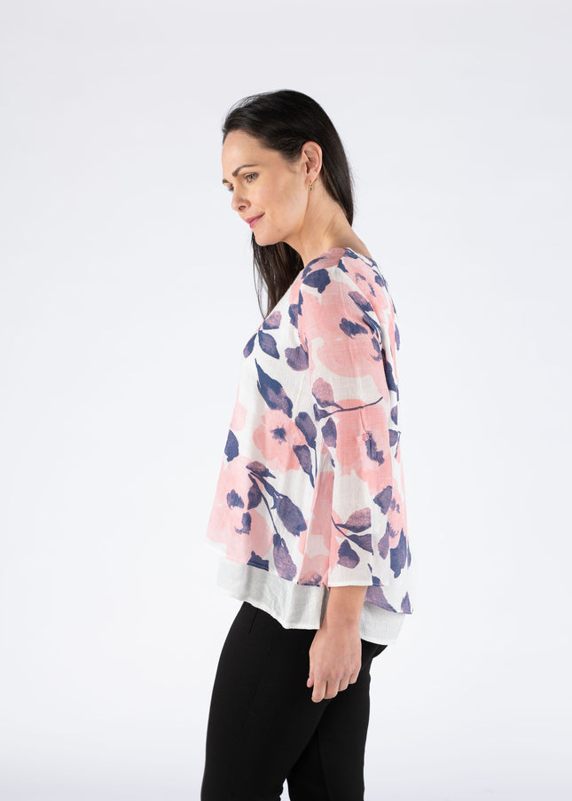FLOWER PRINT LAYERED TOP ROUND NECK 3/4 SLEEVE