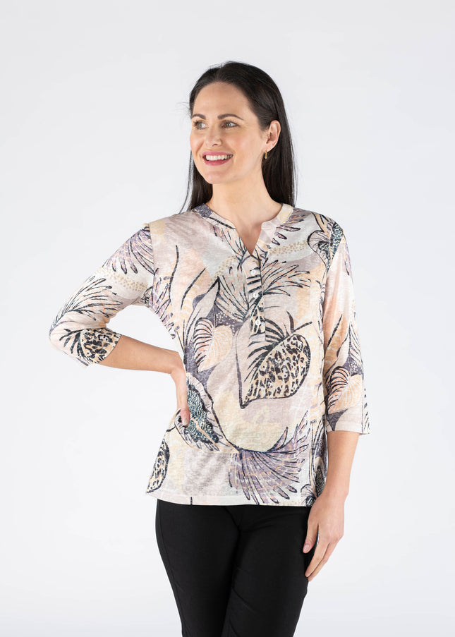 Top leaves print button placket