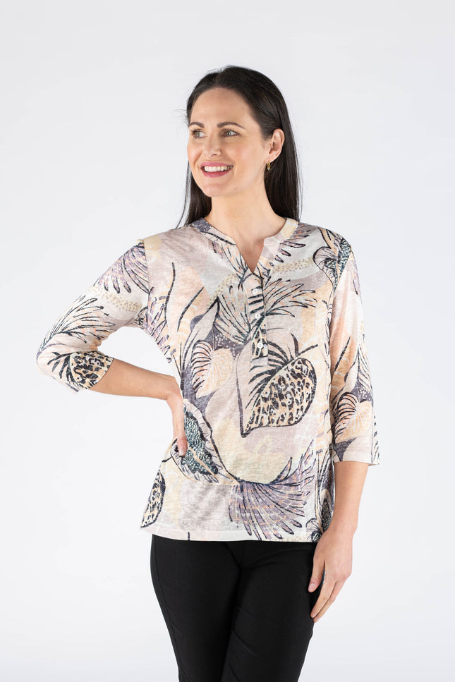 LEAVES PRINT  BUTTON PLACKET TOP WITH ROUND NECK
